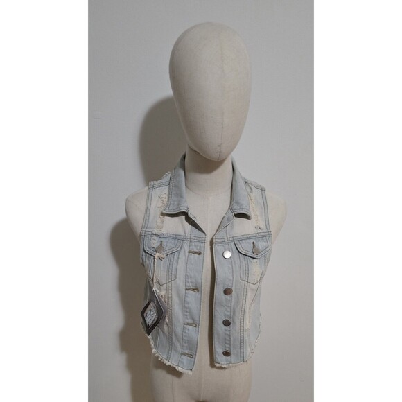 Denim Trucker Style Vest Womens Small Distressed Button Front Sleeveless Y2K New - Picture 14 of 16